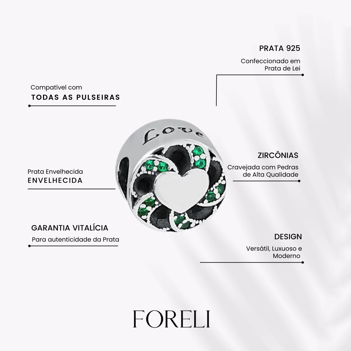 Berloque Separador Coração Love Zircônia Verde Verde 3