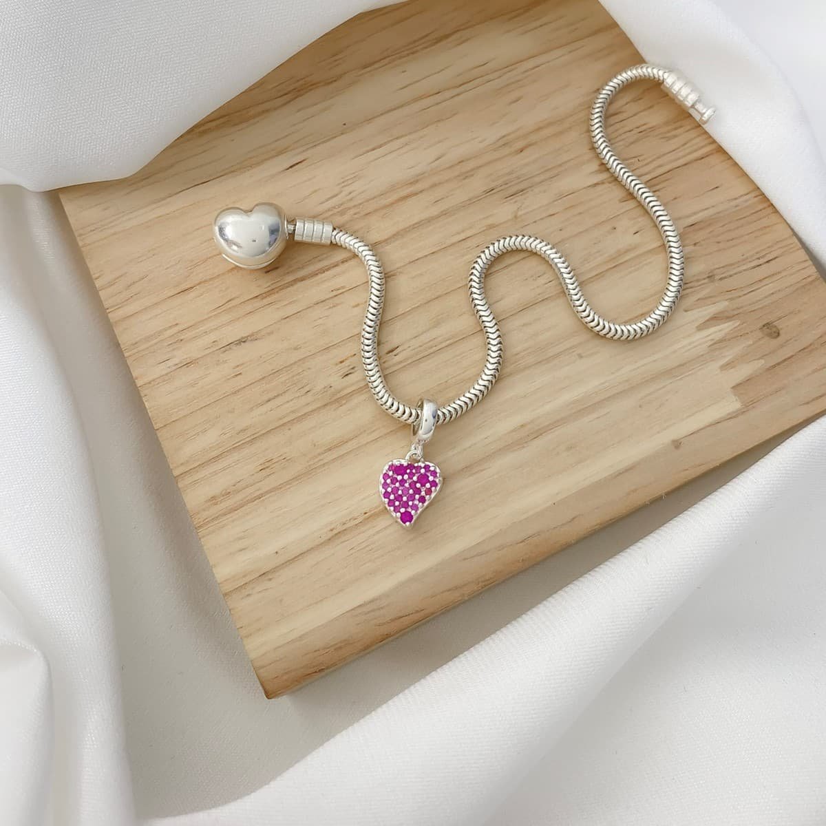 Berloque Mini Coração Zircônias Prata Clara Rosa 2