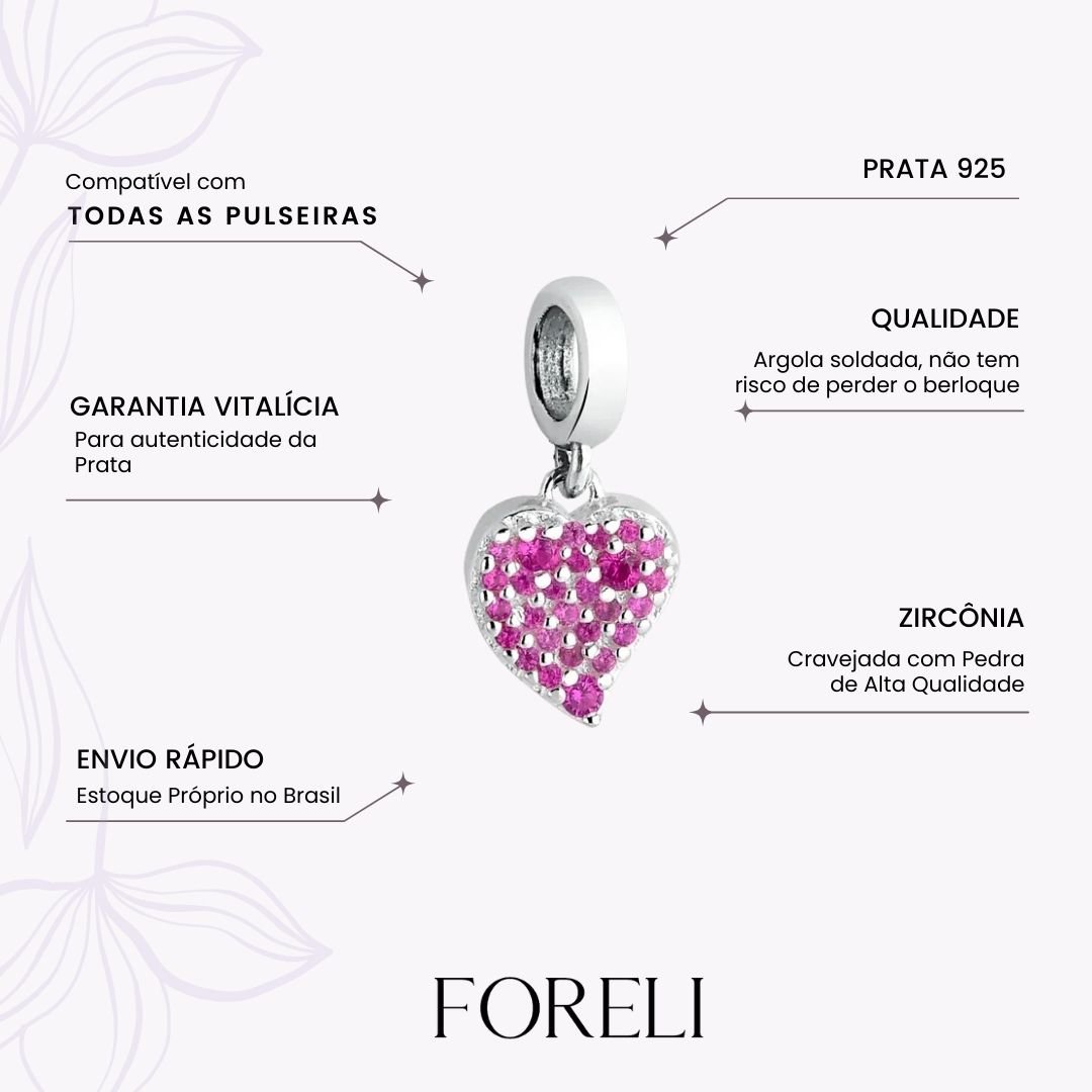 Berloque Mini Coração Zircônias Prata Clara Rosa 3