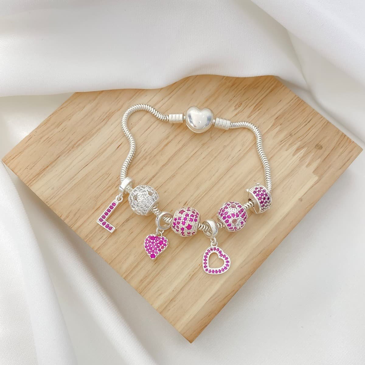 Berloque Mini Coração Zircônias Prata Clara Rosa 4