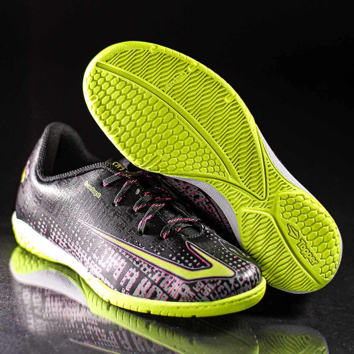 Chuteira Topper Futsal Resenha Preto Rosa e Amarelo - Infantil Preto 6