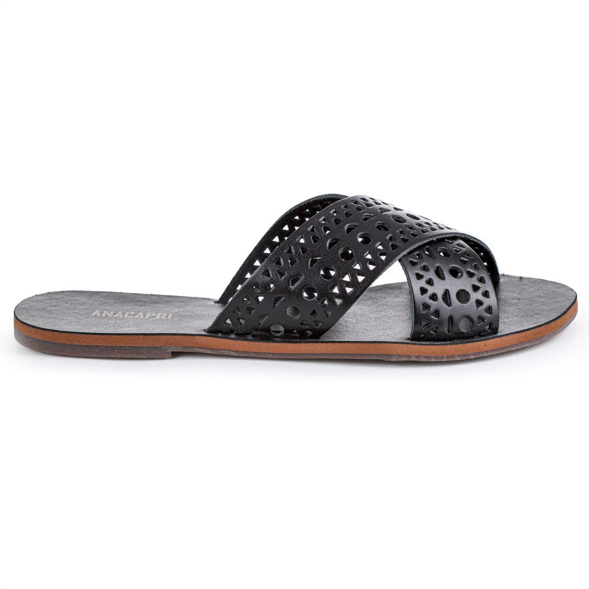Rasteira Anacapri Tiras Cruzadas Perfuros Couro Preto - Feminino Preto 2
