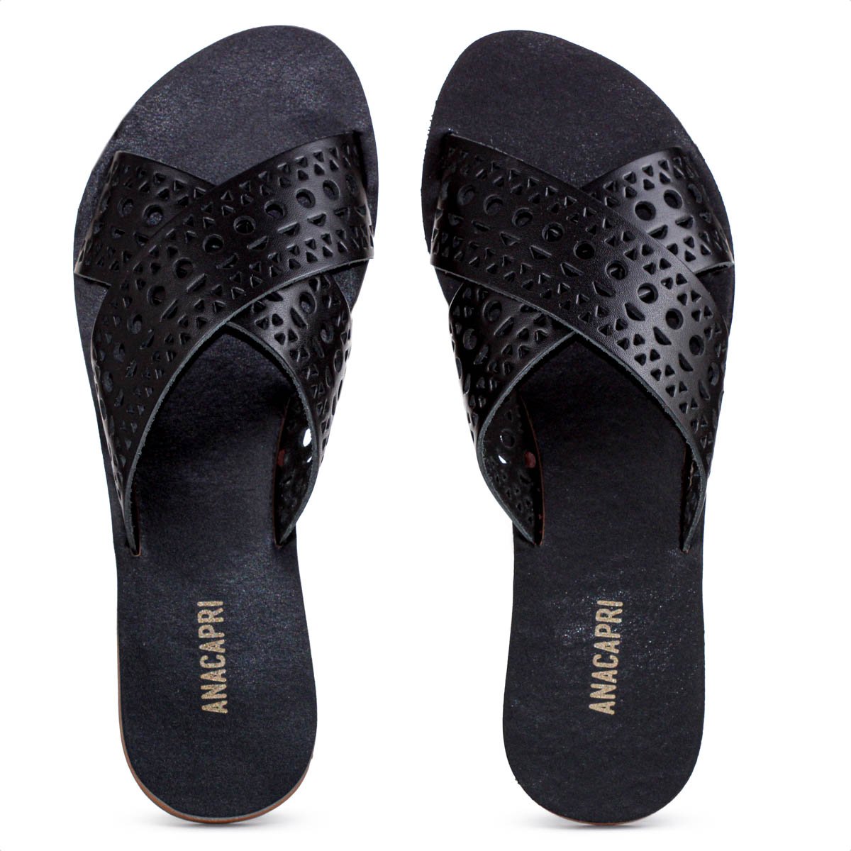 Rasteira Anacapri Tiras Cruzadas Perfuros Couro Preto - Feminino Preto 6