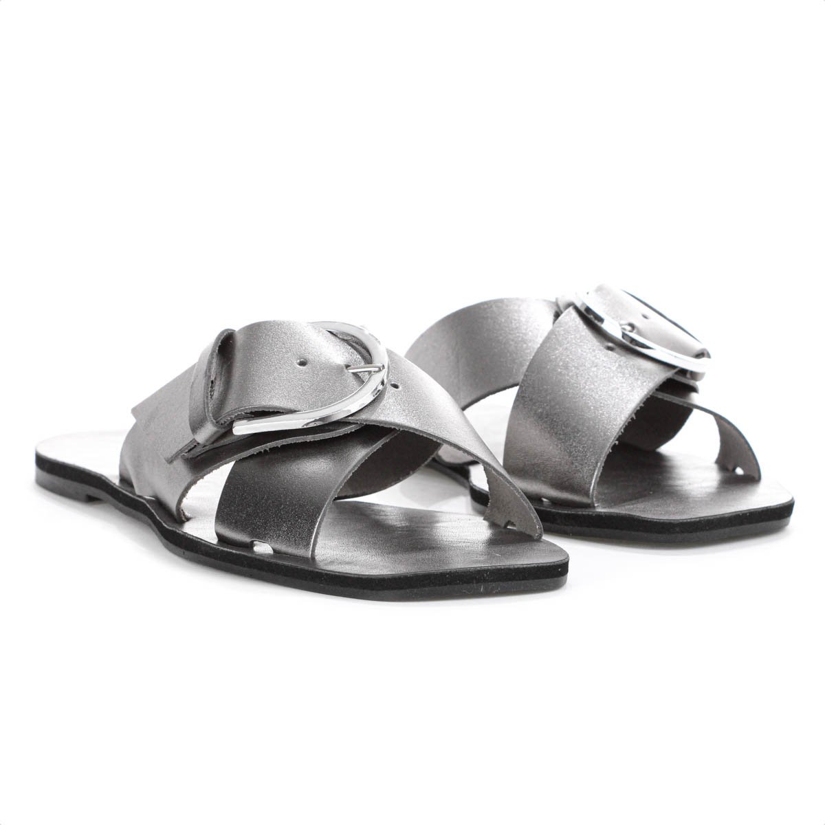 Rasteira Anacapri Tiras Cruzadas Fivela Couro Grafite Prateado - Feminino Prata 4