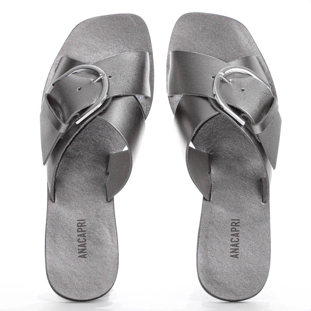 Rasteira Anacapri Tiras Cruzadas Fivela Couro Grafite Prateado - Feminino Prata 5