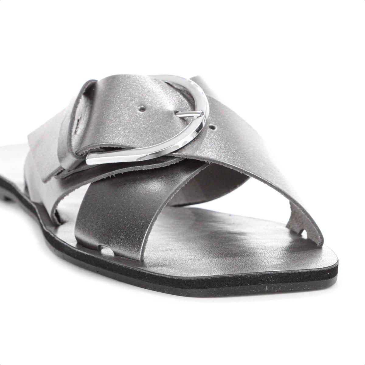 Rasteira Anacapri Tiras Cruzadas Fivela Couro Grafite Prateado - Feminino Prata 7