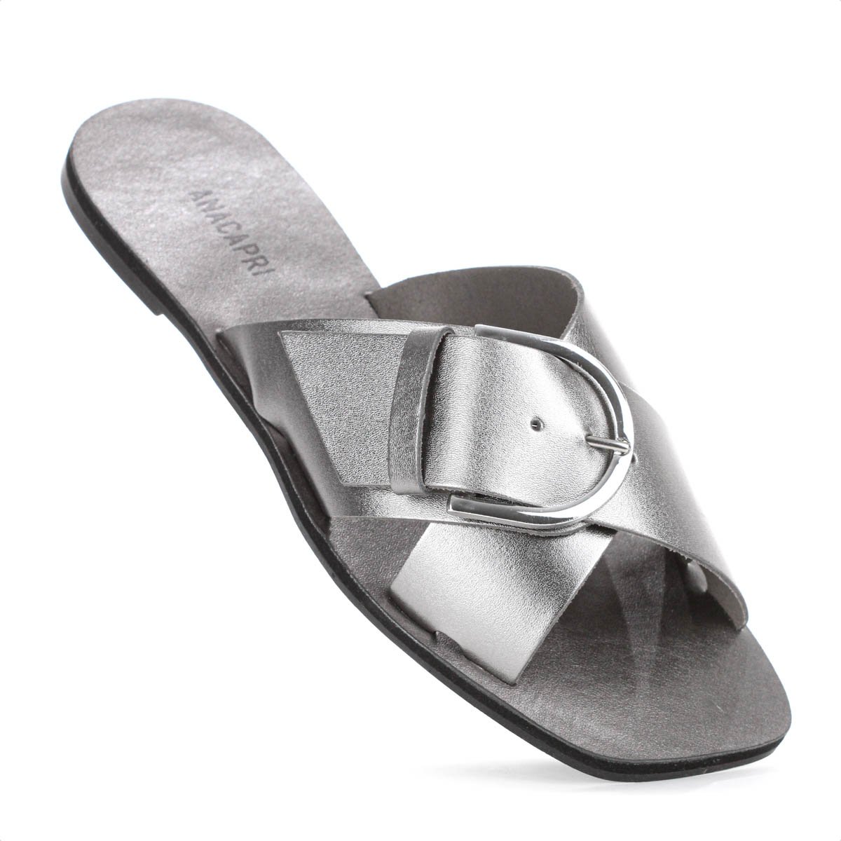 Rasteira Anacapri Tiras Cruzadas Fivela Couro Grafite Prateado - Feminino Prata 9