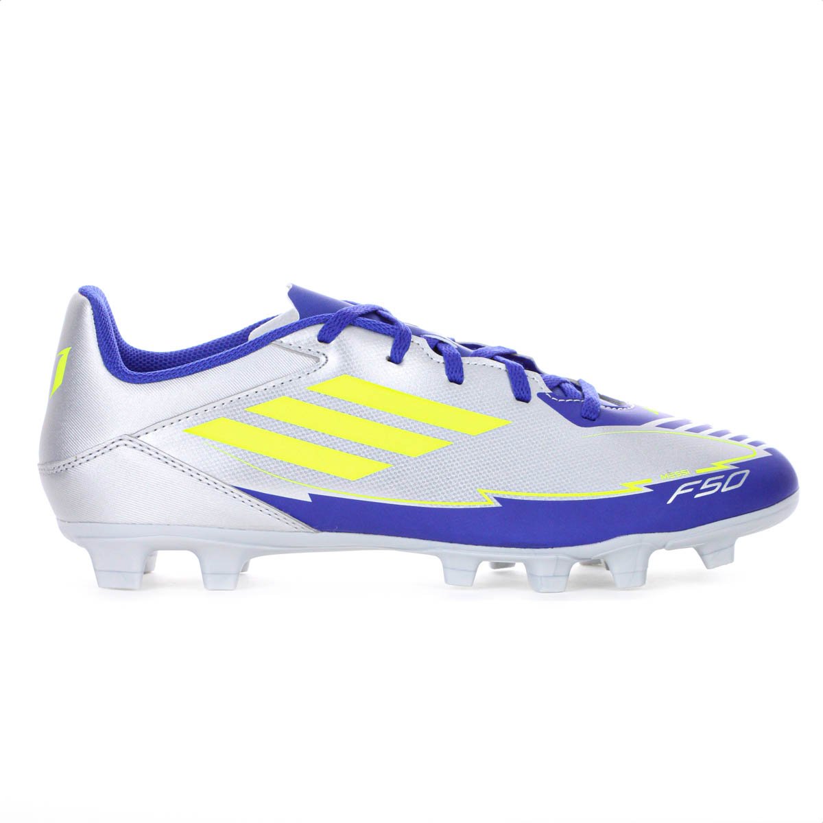 Chuteira Adidas Campo F50 Club FG/MG Messi Prata Verde e Azul