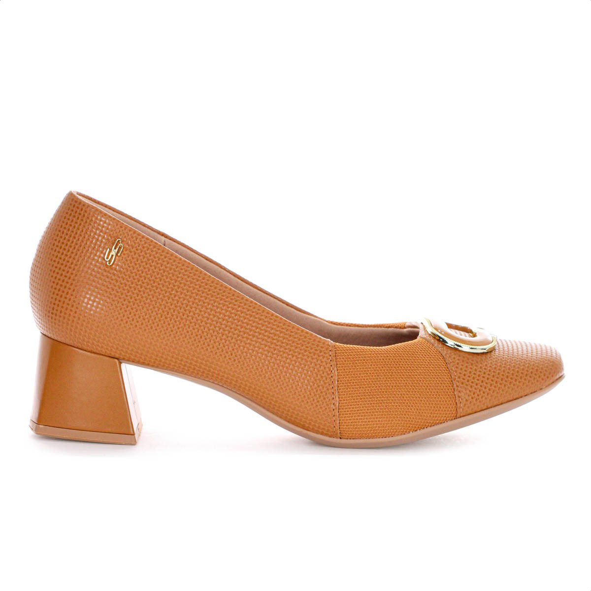 Scarpin Usaflex Salto Bloco Couro Tresse Monograma Marrom Caramelo - Feminino Marrom 2