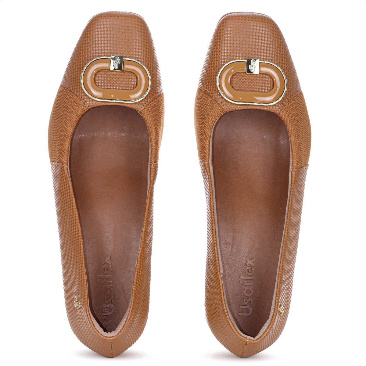 Scarpin Usaflex Salto Bloco Couro Tresse Monograma Marrom Caramelo - Feminino Marrom 5
