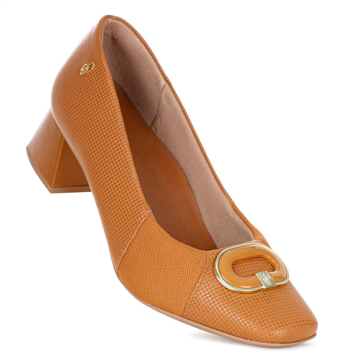 Scarpin Usaflex Salto Bloco Couro Tresse Monograma Marrom Caramelo - Feminino Marrom 7