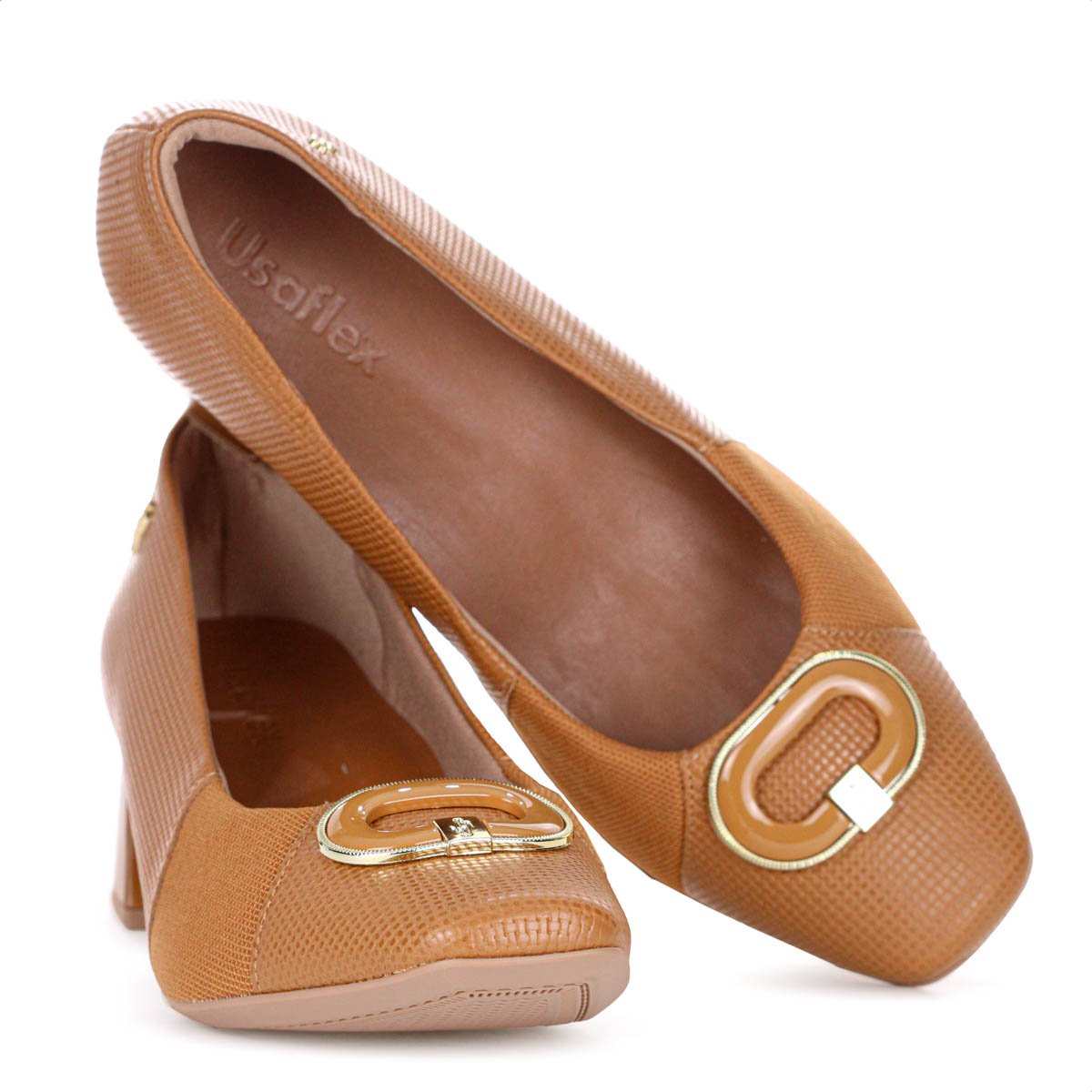 Scarpin Usaflex Salto Bloco Couro Tresse Monograma Marrom Caramelo - Feminino Marrom 8