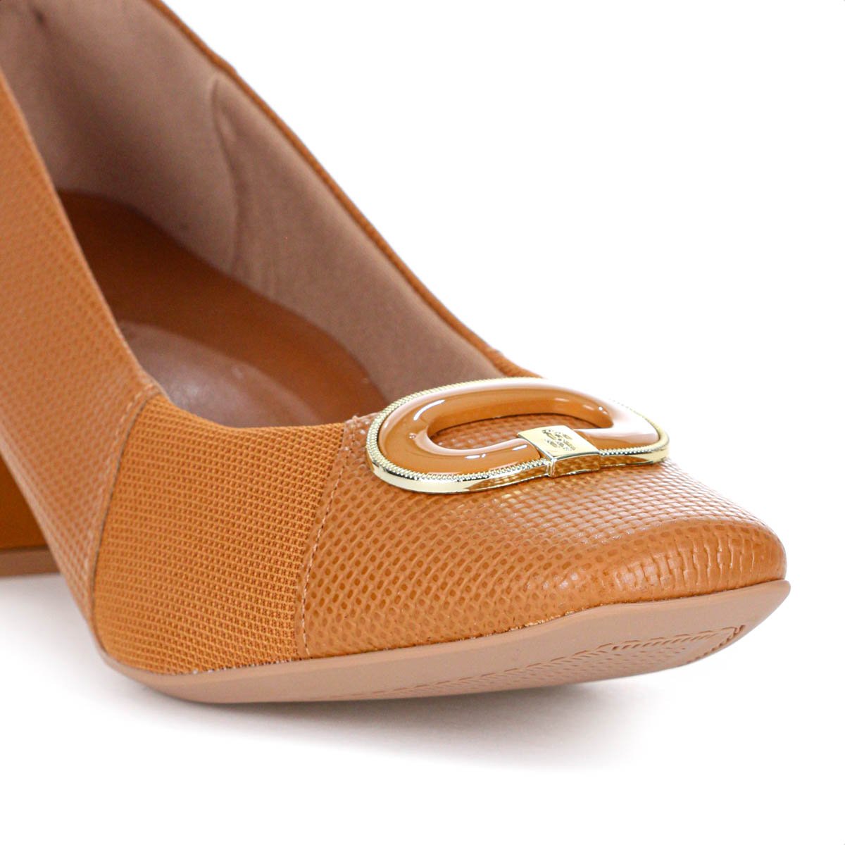 Scarpin Usaflex Salto Bloco Couro Tresse Monograma Marrom Caramelo - Feminino Marrom 9