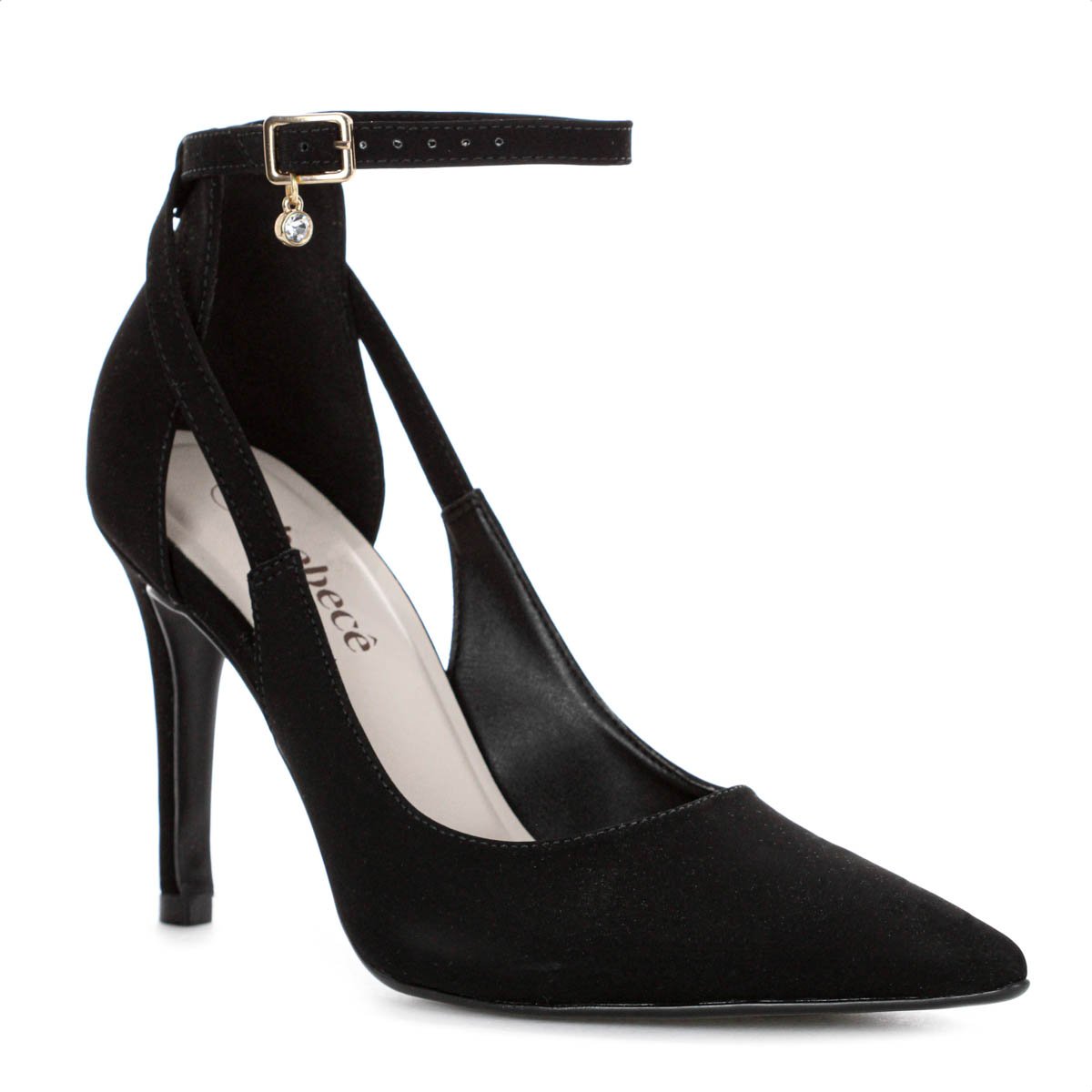 Scarpin Bebece Fivela Pingente Pedraria Salto Alto Fino Preto - Feminino Preto 1