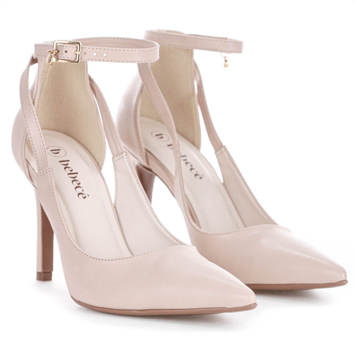 Scarpin Bebece Fivela Pingente Pedraria Salto Alto Fino Nude Claro - Feminino Bege 4