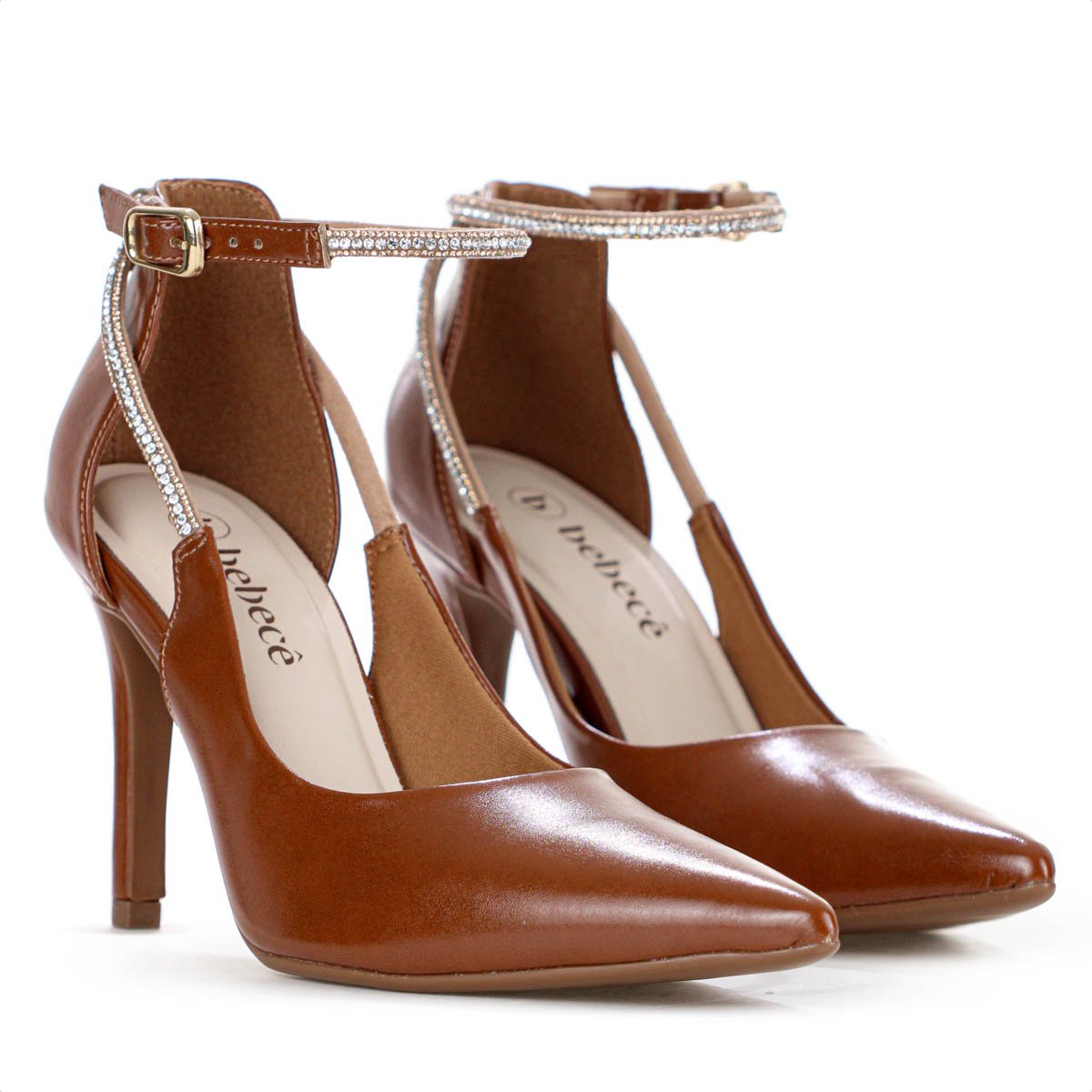 Scarpin Bebece Napa Egeu Fivela Strass Salto Alto Fino Marrom - Feminino  Marrom 2