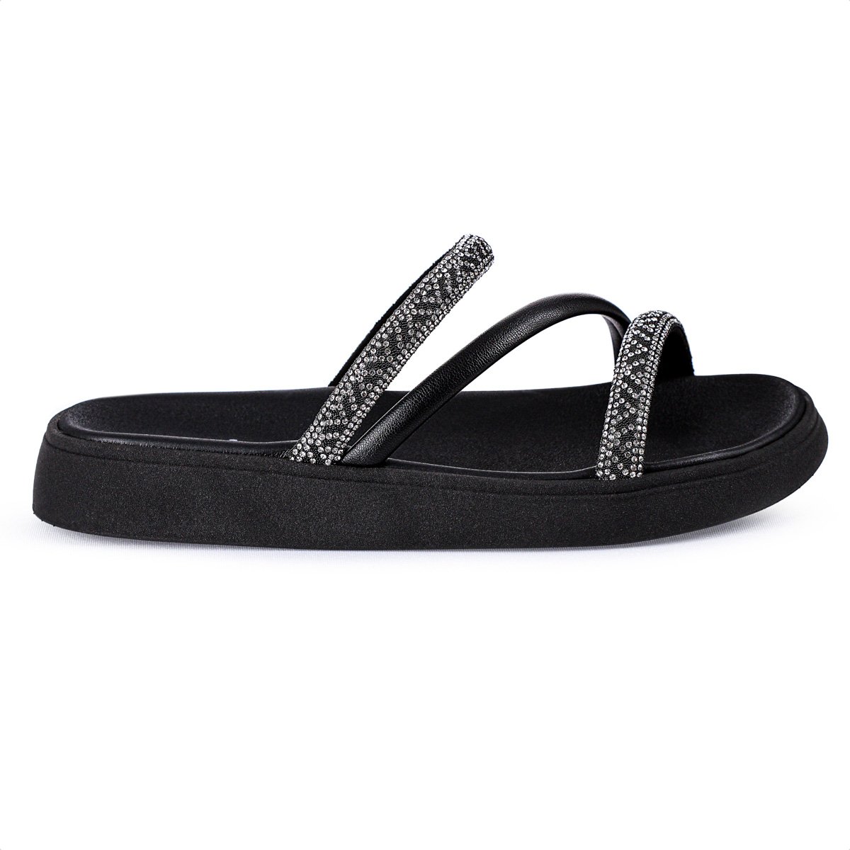 Sandalia Moleca Tira Tripla Cristais Preto - Feminino