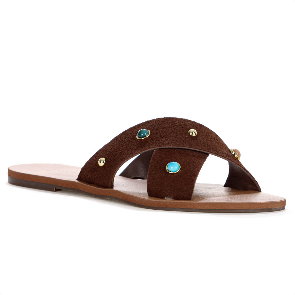 Rasteira Anacapri Tiras Cruzadas Pedrarias Marrom Escuro - Feminino