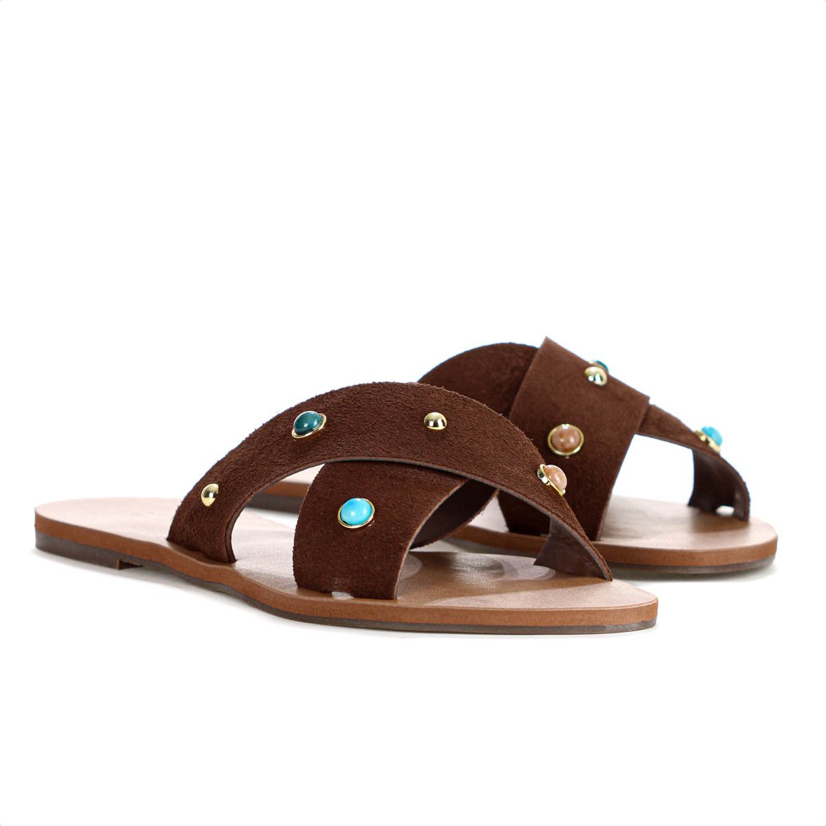 Rasteira Anacapri Tiras Cruzadas Pedrarias Marrom Escuro - Feminino Marrom 4