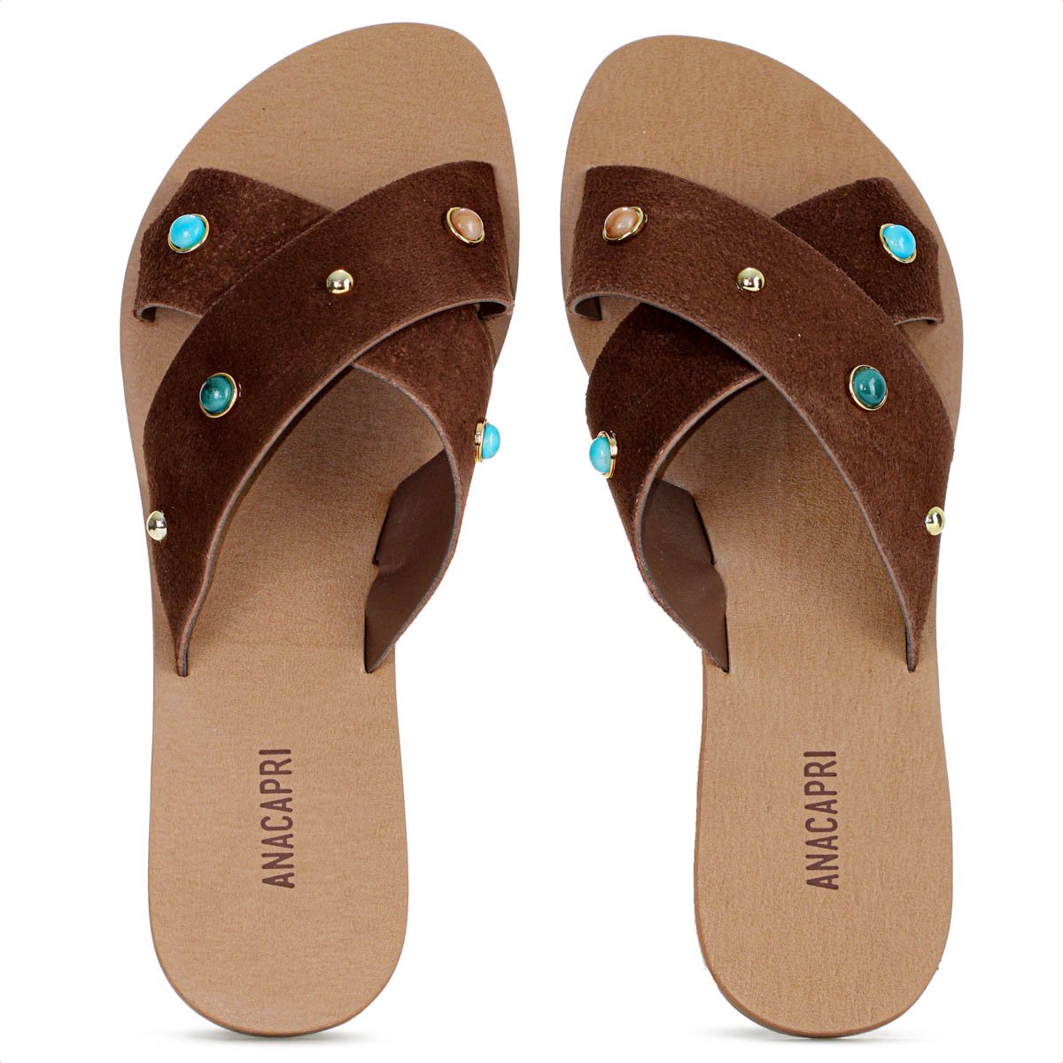 Rasteira Anacapri Tiras Cruzadas Pedrarias Marrom Escuro - Feminino Marrom 5