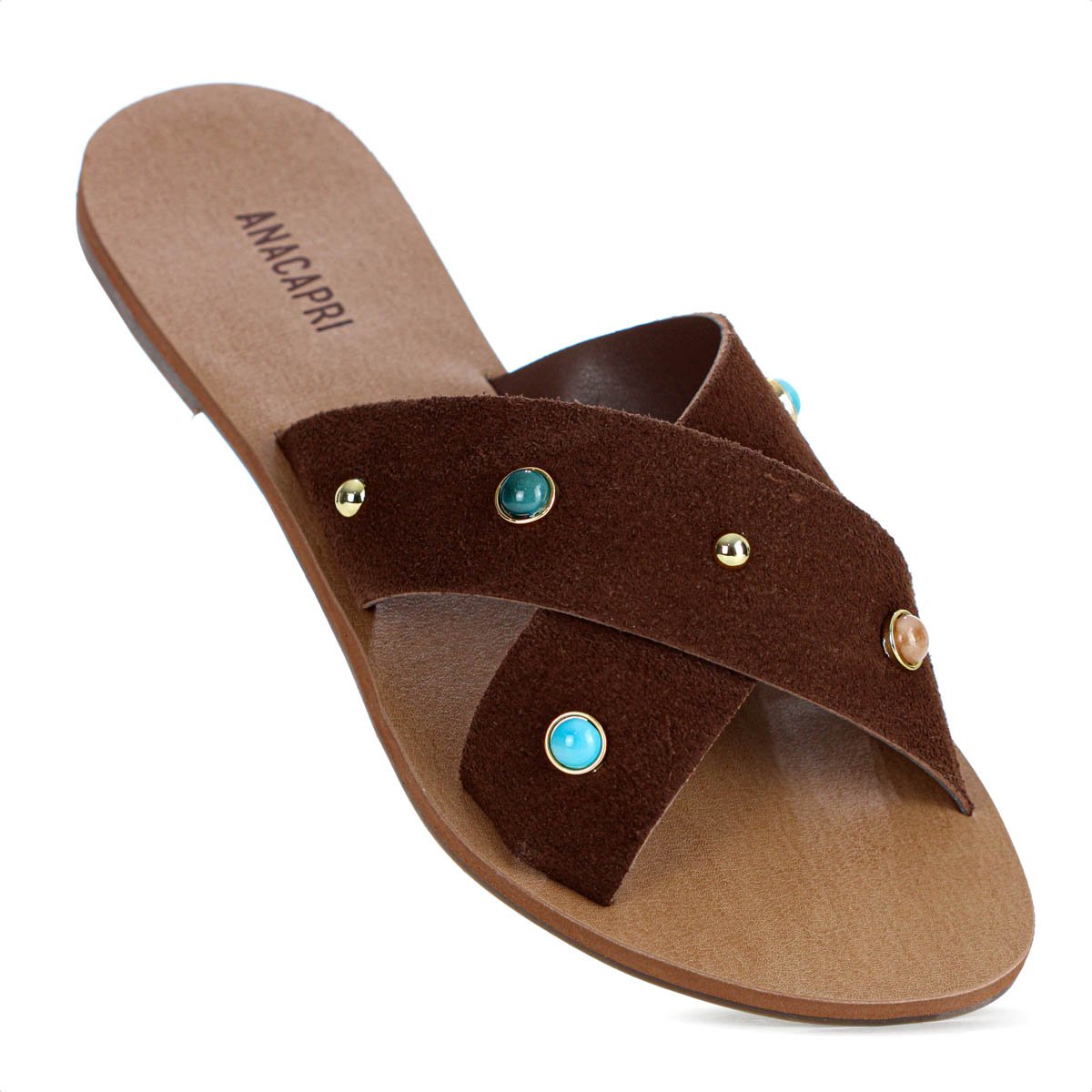 Rasteira Anacapri Tiras Cruzadas Pedrarias Marrom Escuro - Feminino Marrom 6