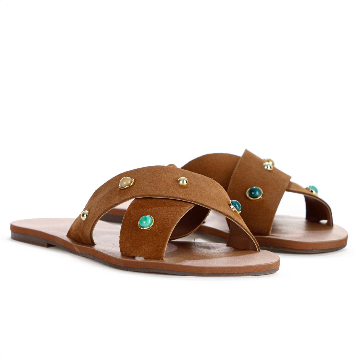 Rasteira Anacapri Tiras Cruzadas Pedrarias Marrom - Feminino Marrom 4