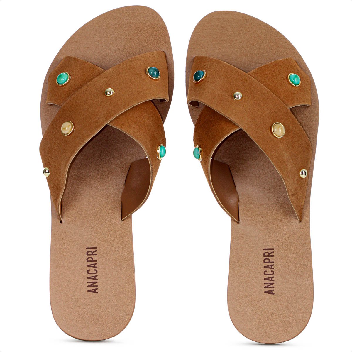 Rasteira Anacapri Tiras Cruzadas Pedrarias Marrom - Feminino Marrom 5