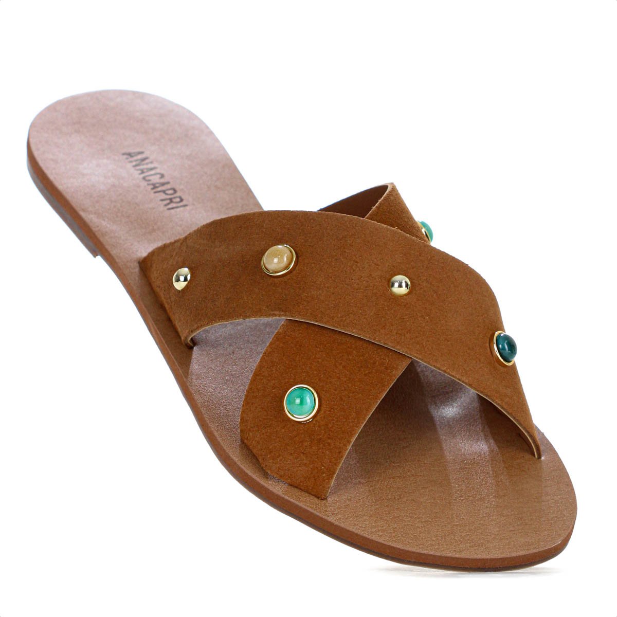 Rasteira Anacapri Tiras Cruzadas Pedrarias Marrom - Feminino Marrom 7