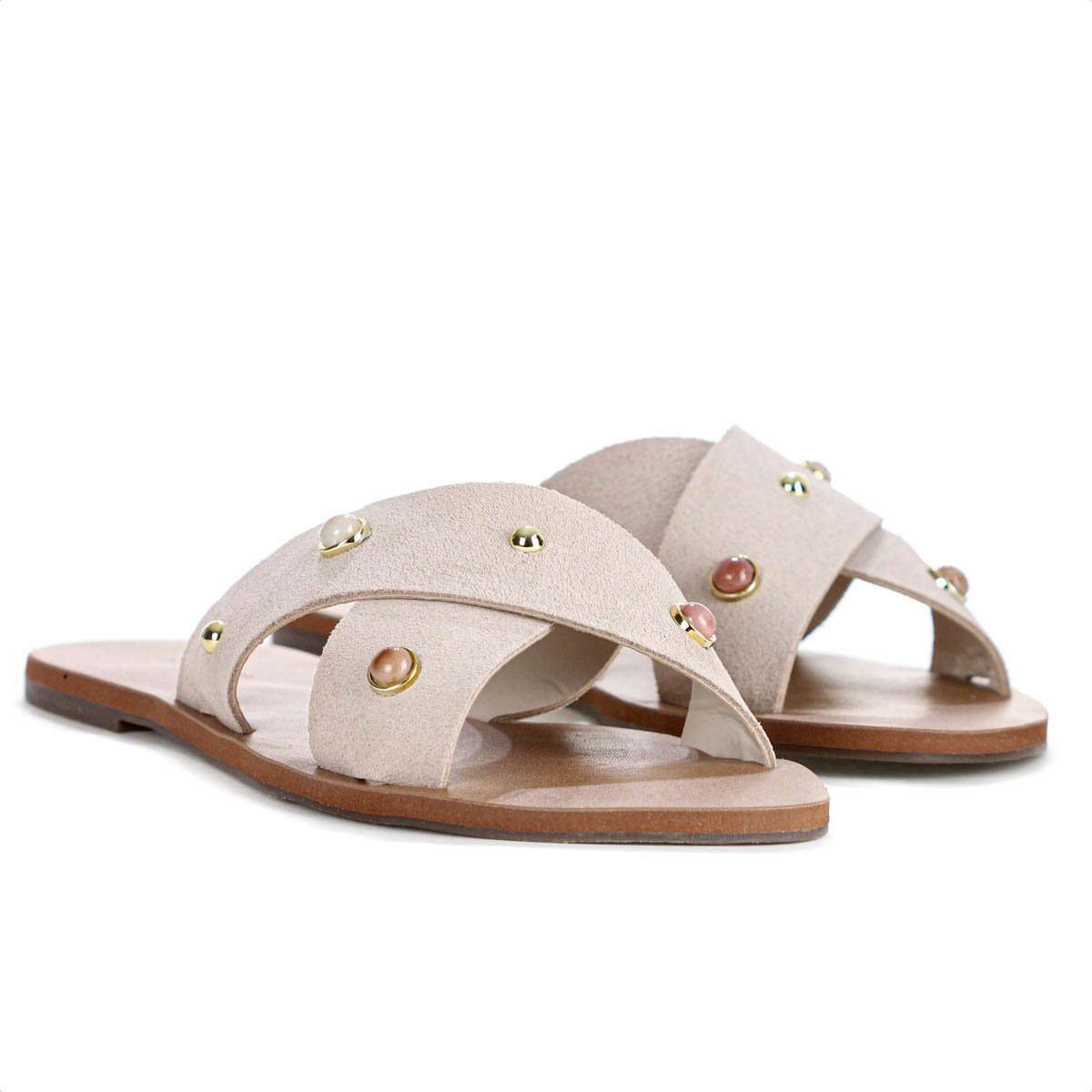 Rasteira Anacapri Tiras Cruzadas Pedrarias Bege Claro - Feminino Bege 4