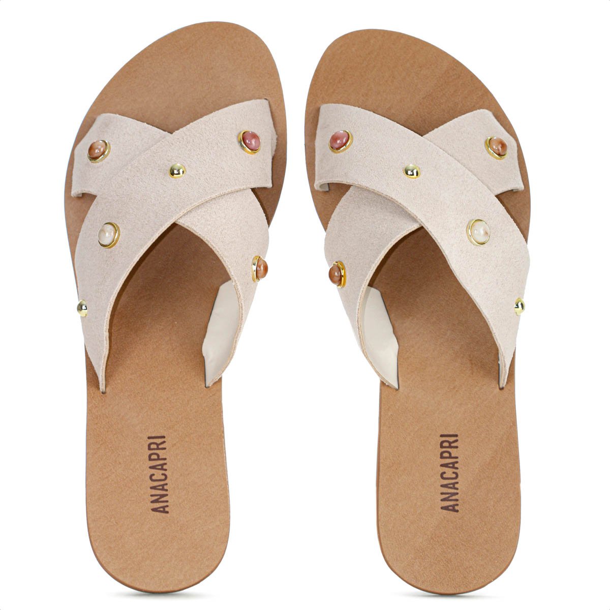 Rasteira Anacapri Tiras Cruzadas Pedrarias Bege Claro - Feminino Bege 5