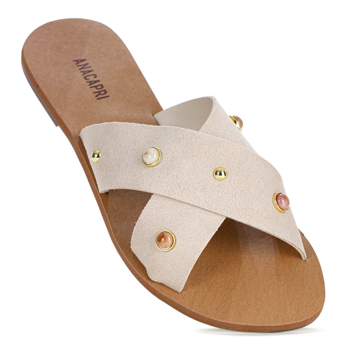 Rasteira Anacapri Tiras Cruzadas Pedrarias Bege Claro - Feminino Bege 7