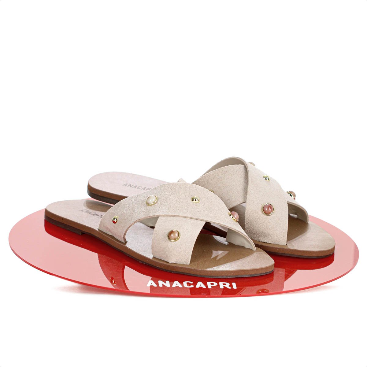 Rasteira Anacapri Tiras Cruzadas Pedrarias Bege Claro - Feminino Bege 10