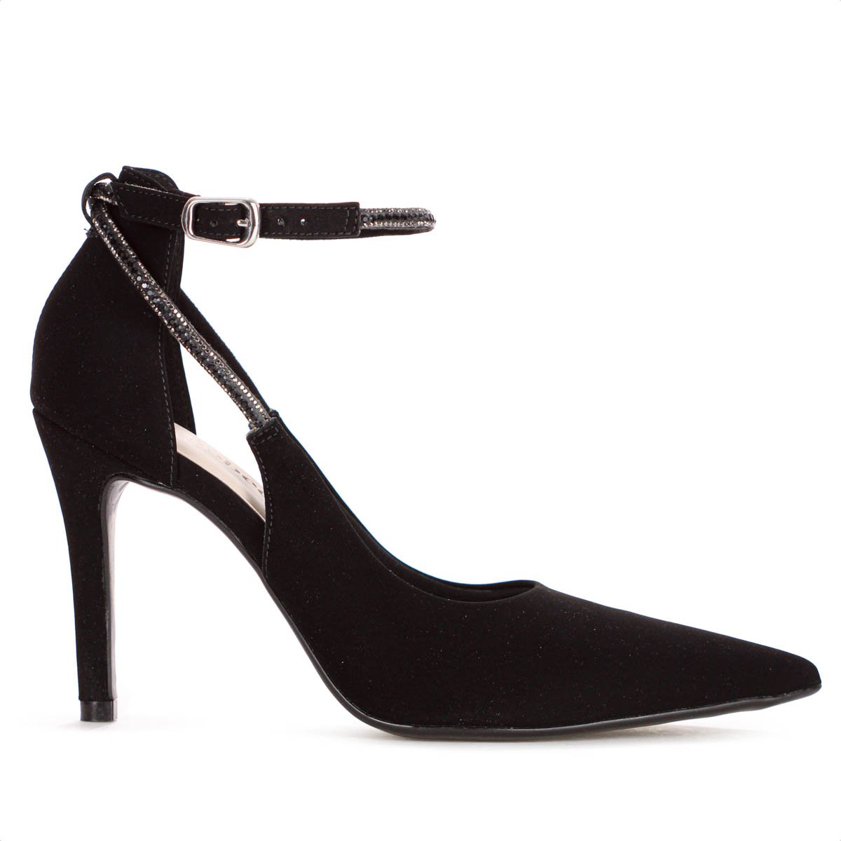 Scarpin Bebece Nobuck Fivela Strass Salto Alto Fino Preto - Feminino Preto 2