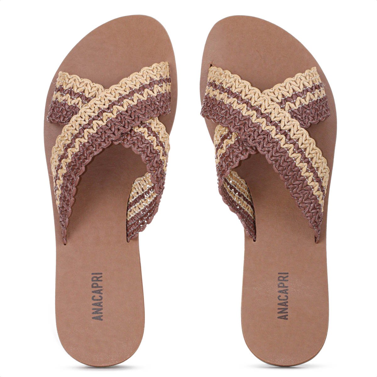 Rasteira Anacapri Tiras Cruzadas ZigZag Natural Marrom e Bege - Feminino Marrom 5