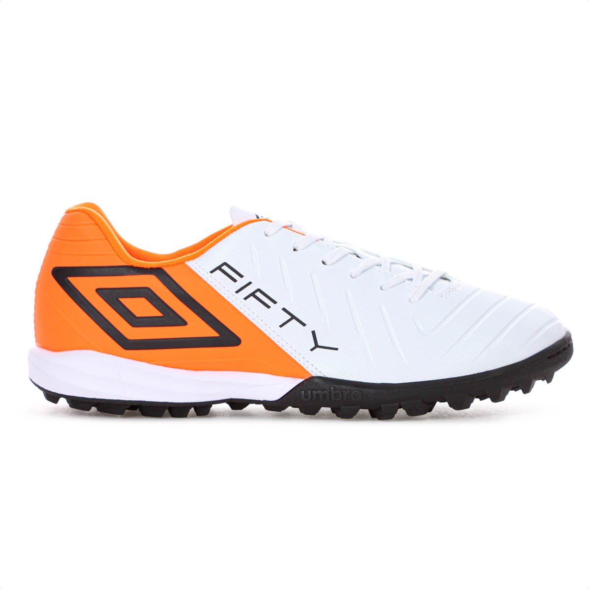 Chuteira Umbro Society Fifty Vi Branco Laranja Fluor e Preto - Masculino