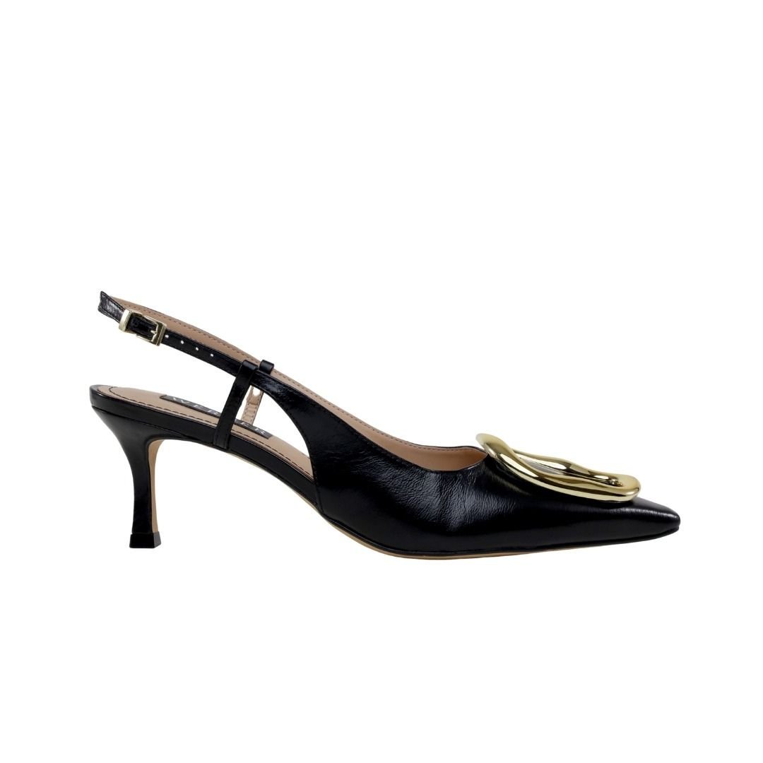 Scarpin Slingback Preto Couro Werner Salto Médio Fino 6,5cm