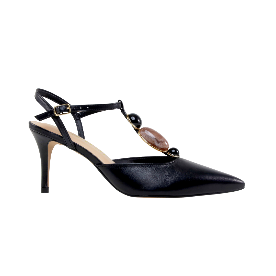Scarpin Slingback Preto Couro Cecconello Salto Médio Fino 7,5cm
