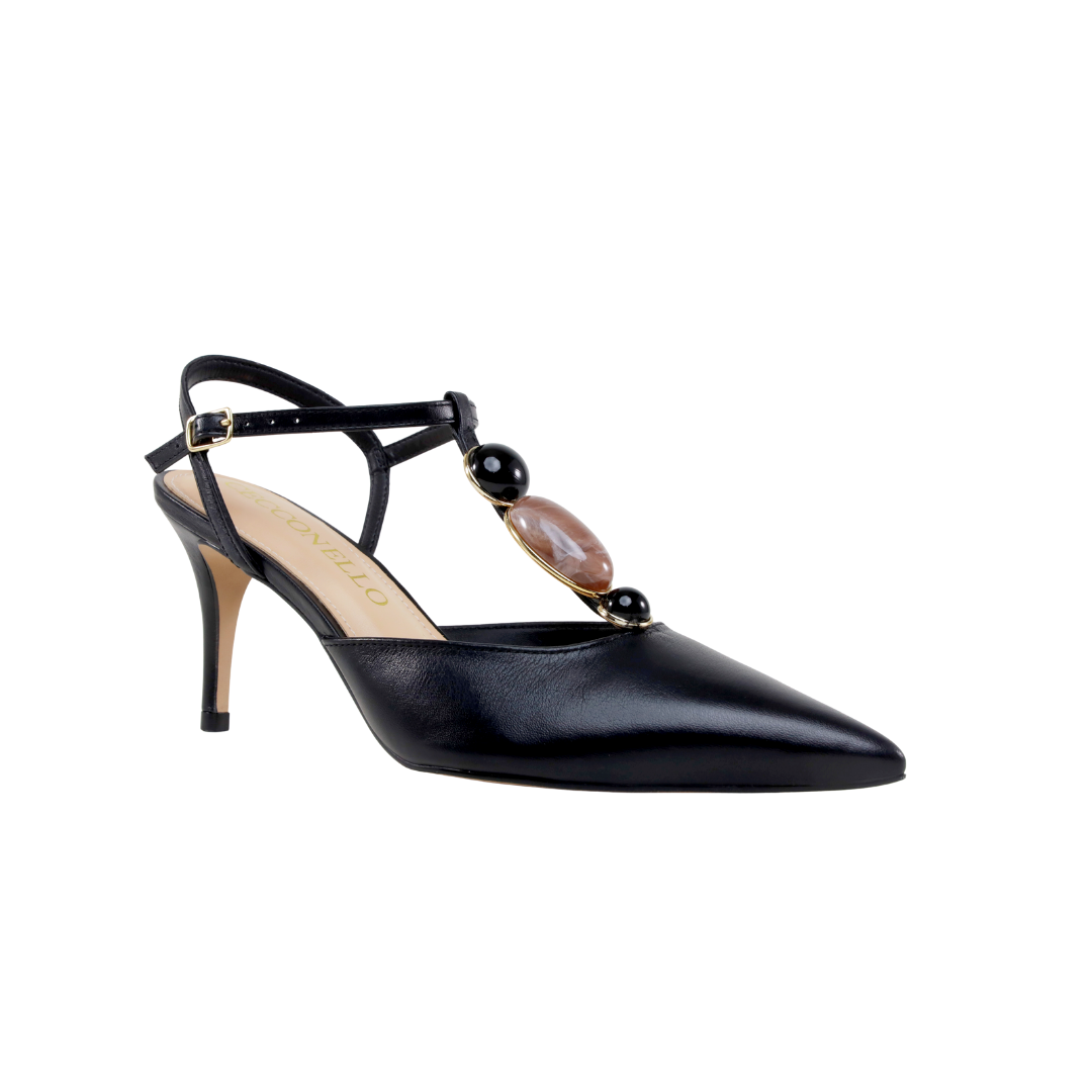 Scarpin Slingback Preto Couro Cecconello Salto Médio Fino 7,5cm Preto 2