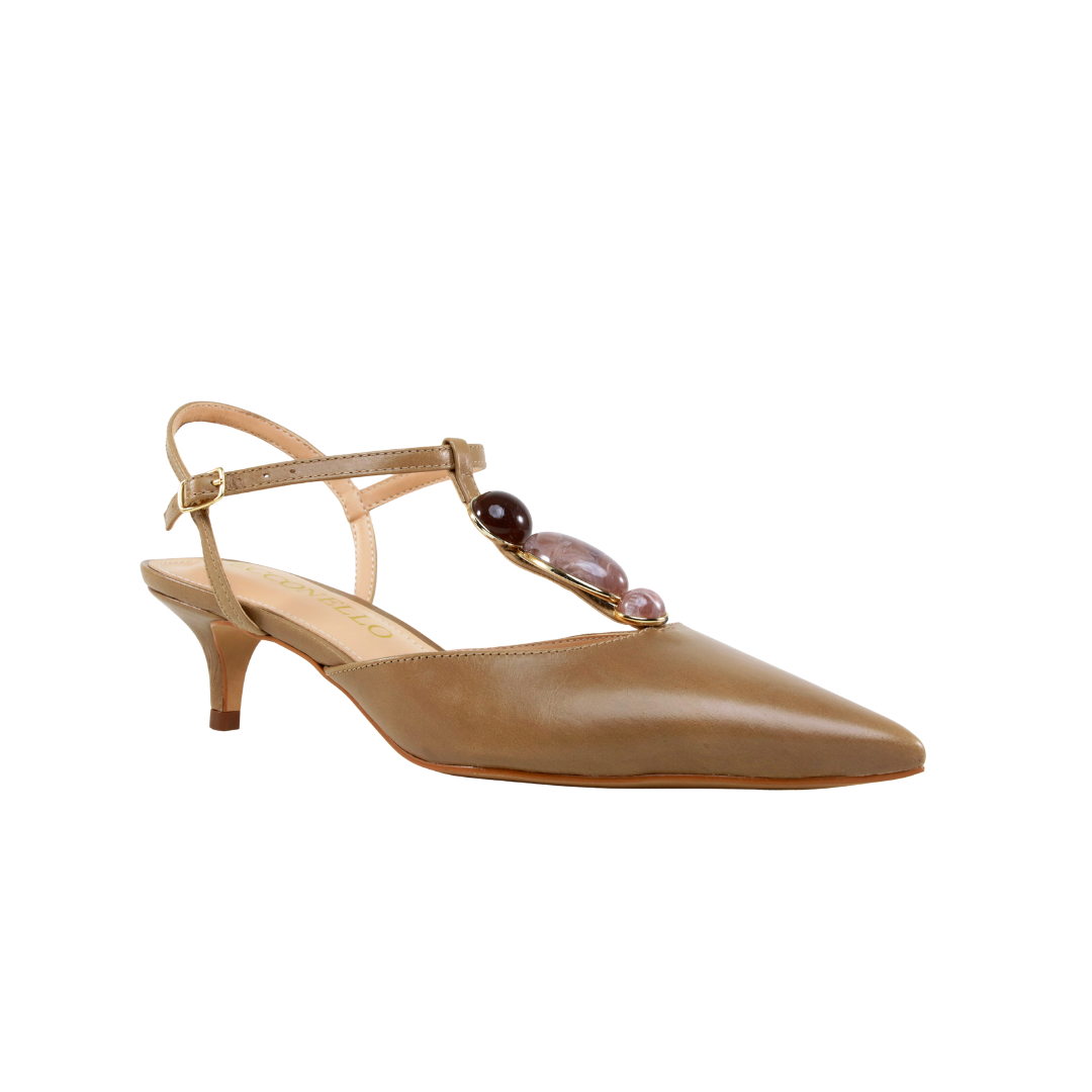 Slingback Cinza Cimento Couro Cecconello Salto Baixo Fino 5cm Bege 2