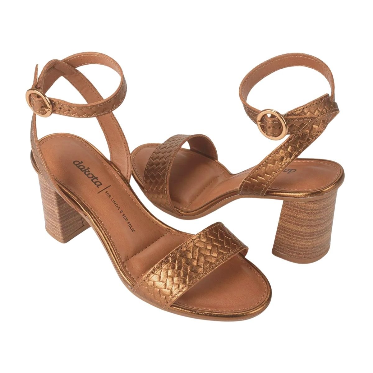 Sandália de Salto Bloco em Couro Metalizado Feminino Dakota Y8671 Bronze Bronze 2