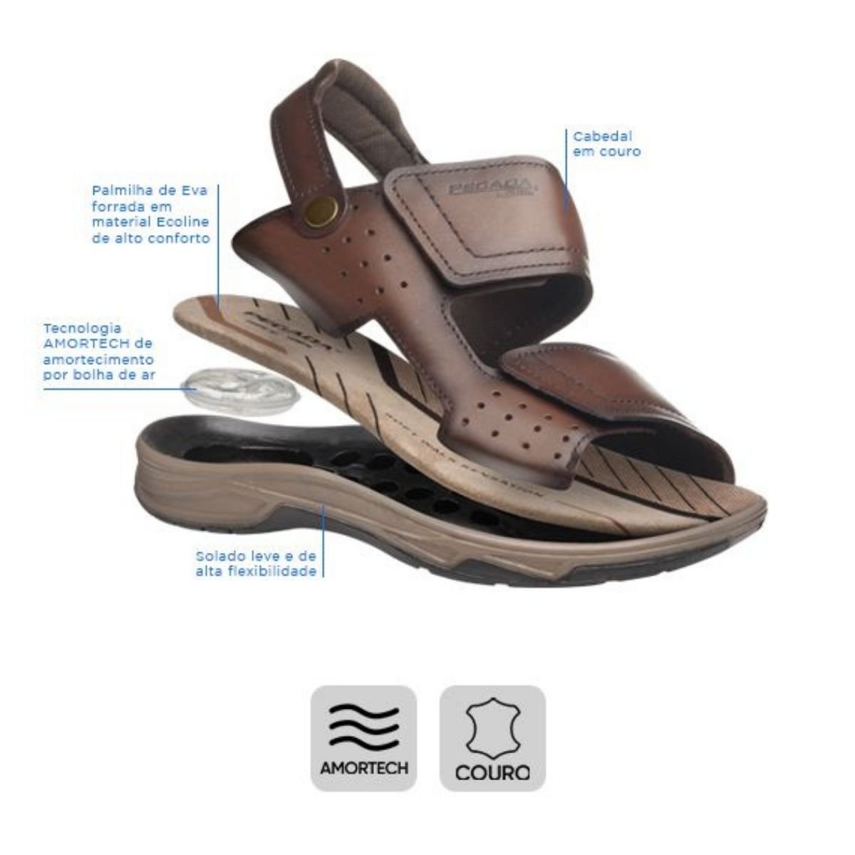 Sandália Casual de Couro Masculino Pegada 132255-04 Preto Preto 7