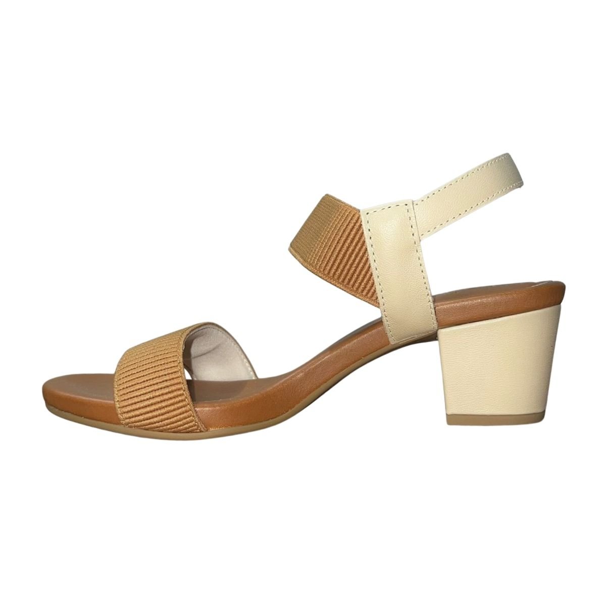 Sandália de Salto Bloco Casual de Couro com Tira Elástica Feminino Usaflex Y8404028 Marrom Bege Bege 5