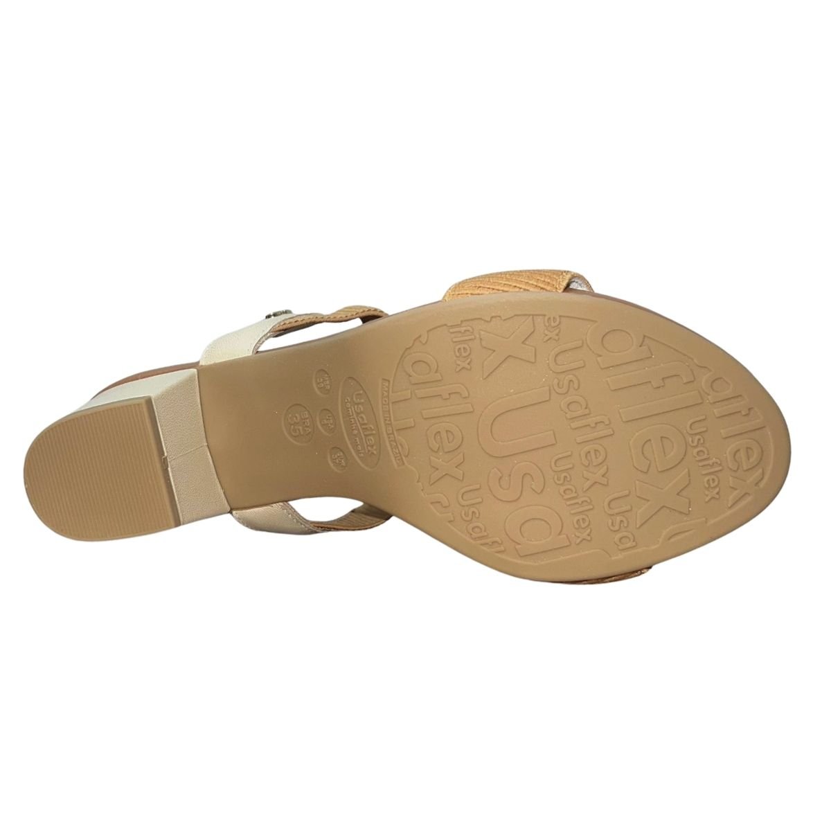 Sandália de Salto Bloco Casual de Couro com Tira Elástica Feminino Usaflex Y8404028 Marrom Bege Bege 6