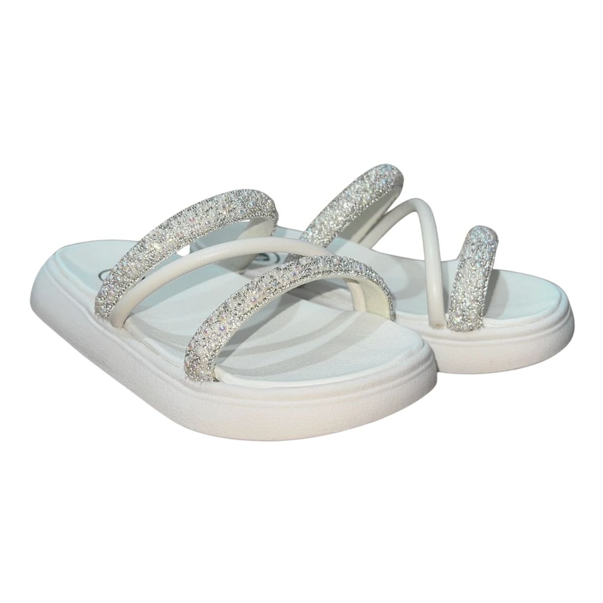 Sandália Slide Rasteira Com Tiras Brilhantes Infantil Menina Molekinha 2358.100 Branco Branco 2