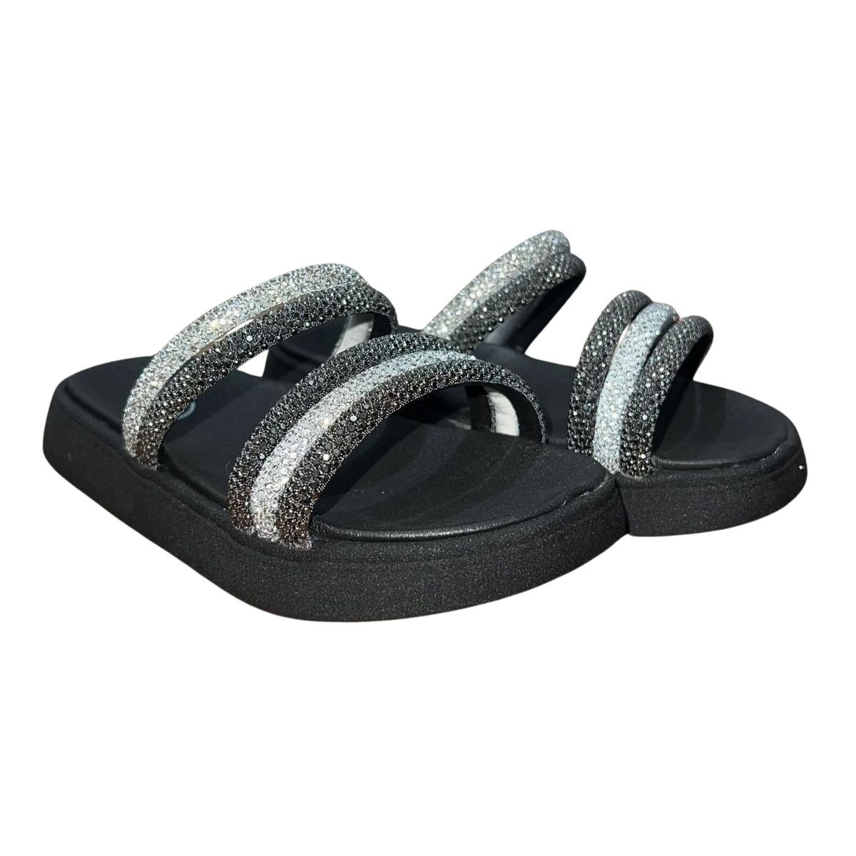 Sandália Slide Rasteira Com Tiras Brilhantes Infantil Menina Molekinha 2358.103 Preto Preto 2