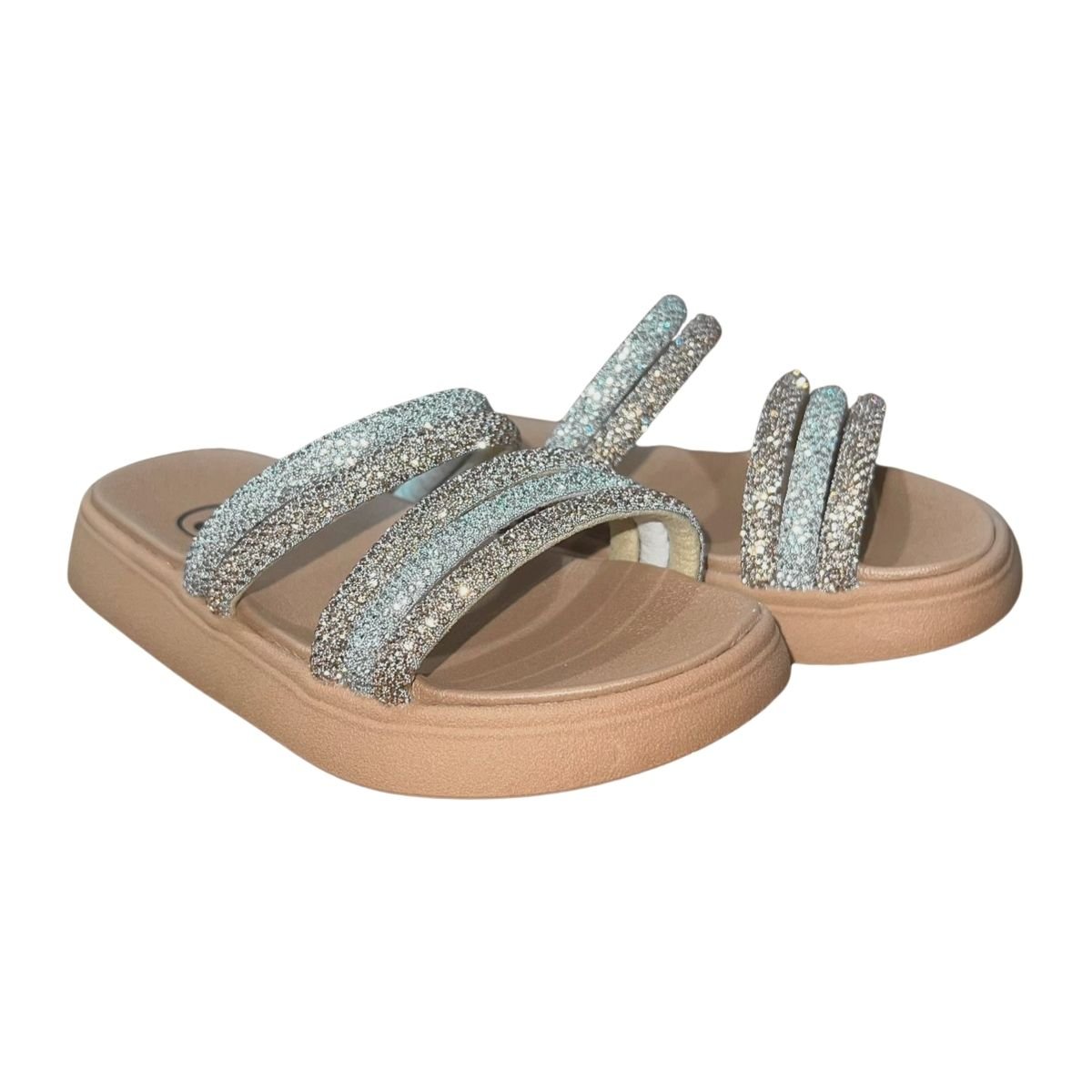 Sandália Slide Rasteira Com Tiras Brilhantes Infantil Menina Molekinha 2358.103 Bege Bege 2