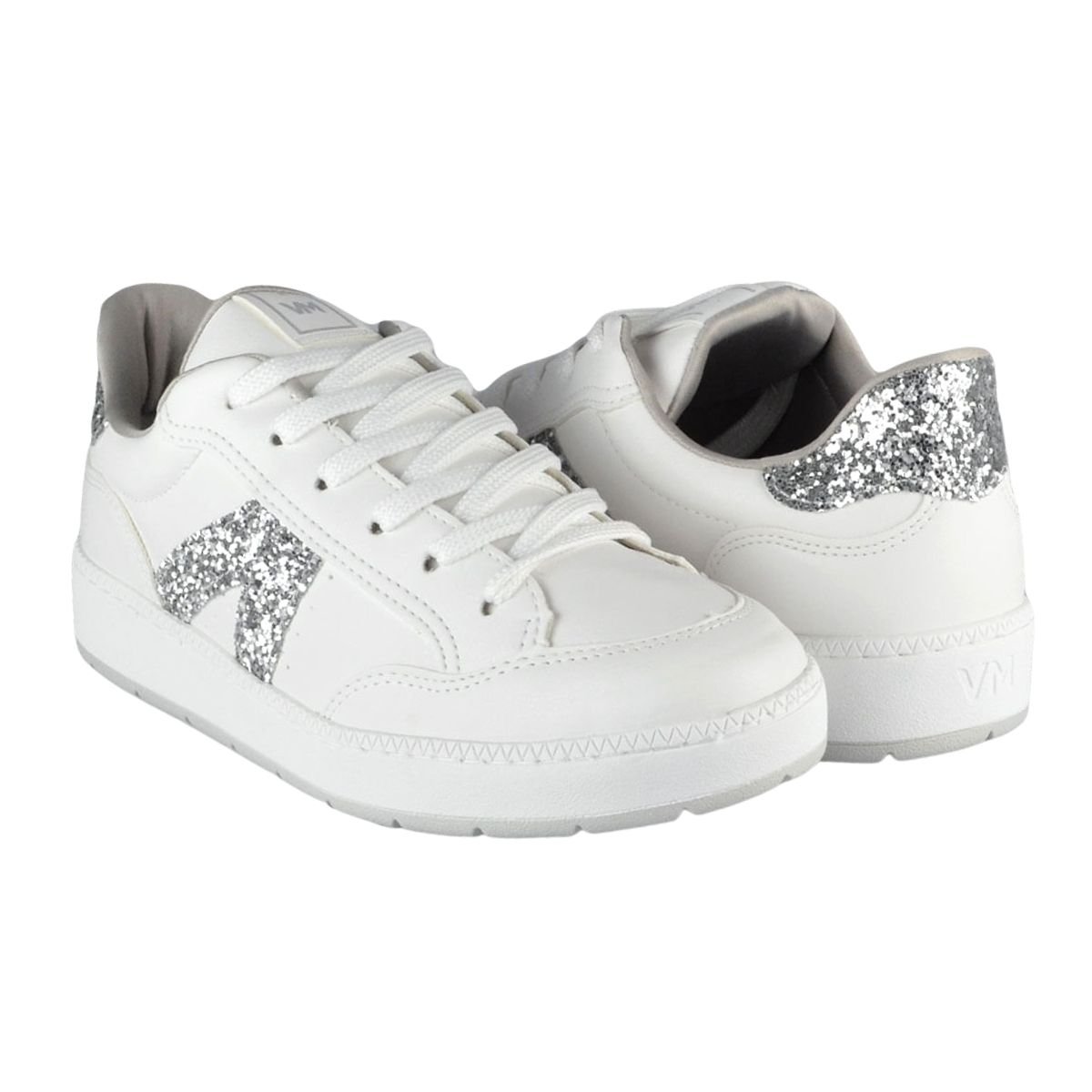 Tênis Casual com Glitter Feminino Via Marte 076-001-02 Branco Branco/Prata 2