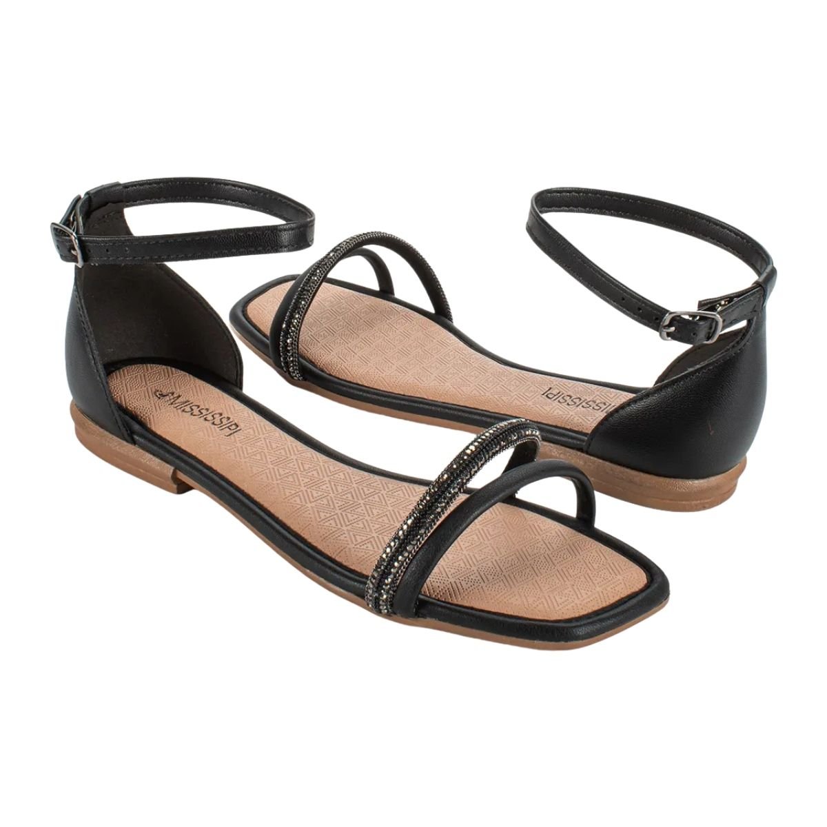 Sandália Rasteira com Tornozeleira Feminino Mississipi MB754 Preto Preto 2