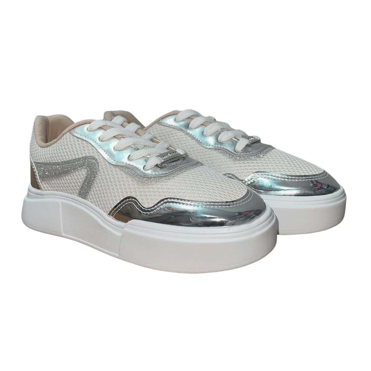 Tênis Casual Plataforma Feminino Moleca 5808.106 Branco Branco/Prata 2