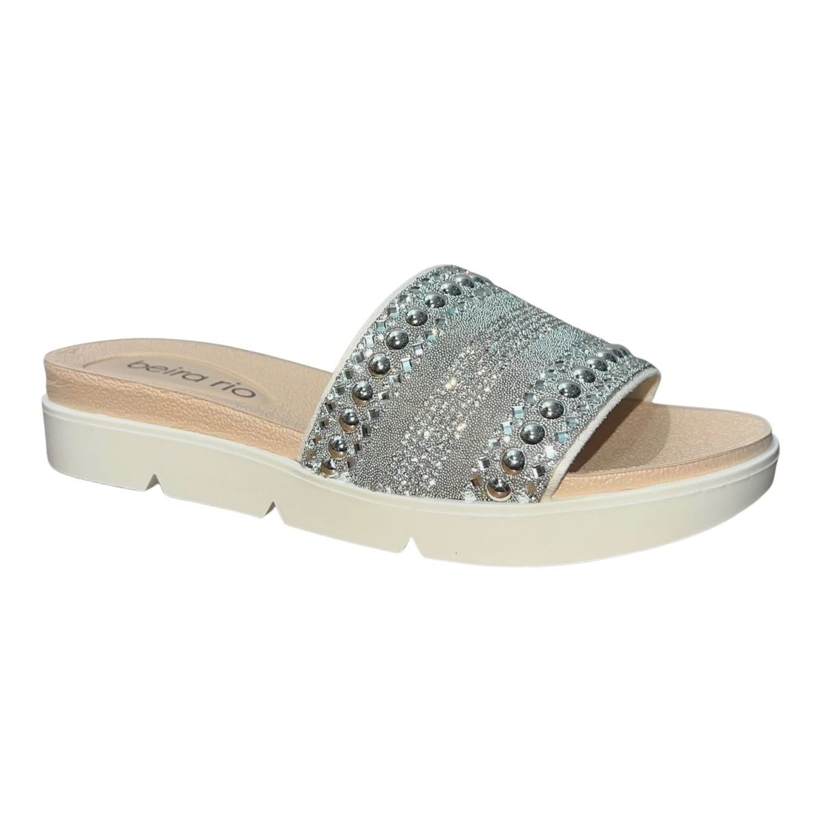 Sandália Flatform Slide com Pedrarias Feminino Beira Rio 8387.538 Creme Prata 2